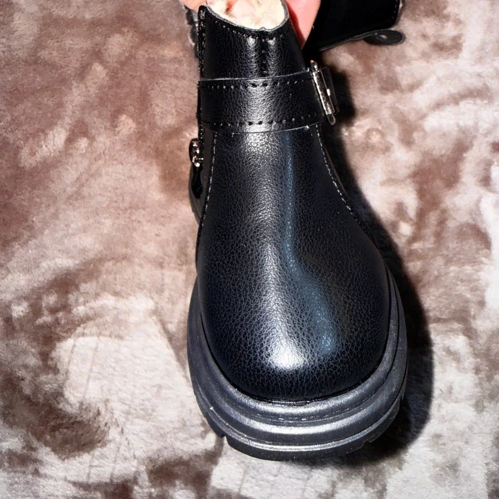 Ankle Boots Kids Size 21 Black NEW Faux Fur Lined Lug Sole Buckle Zip